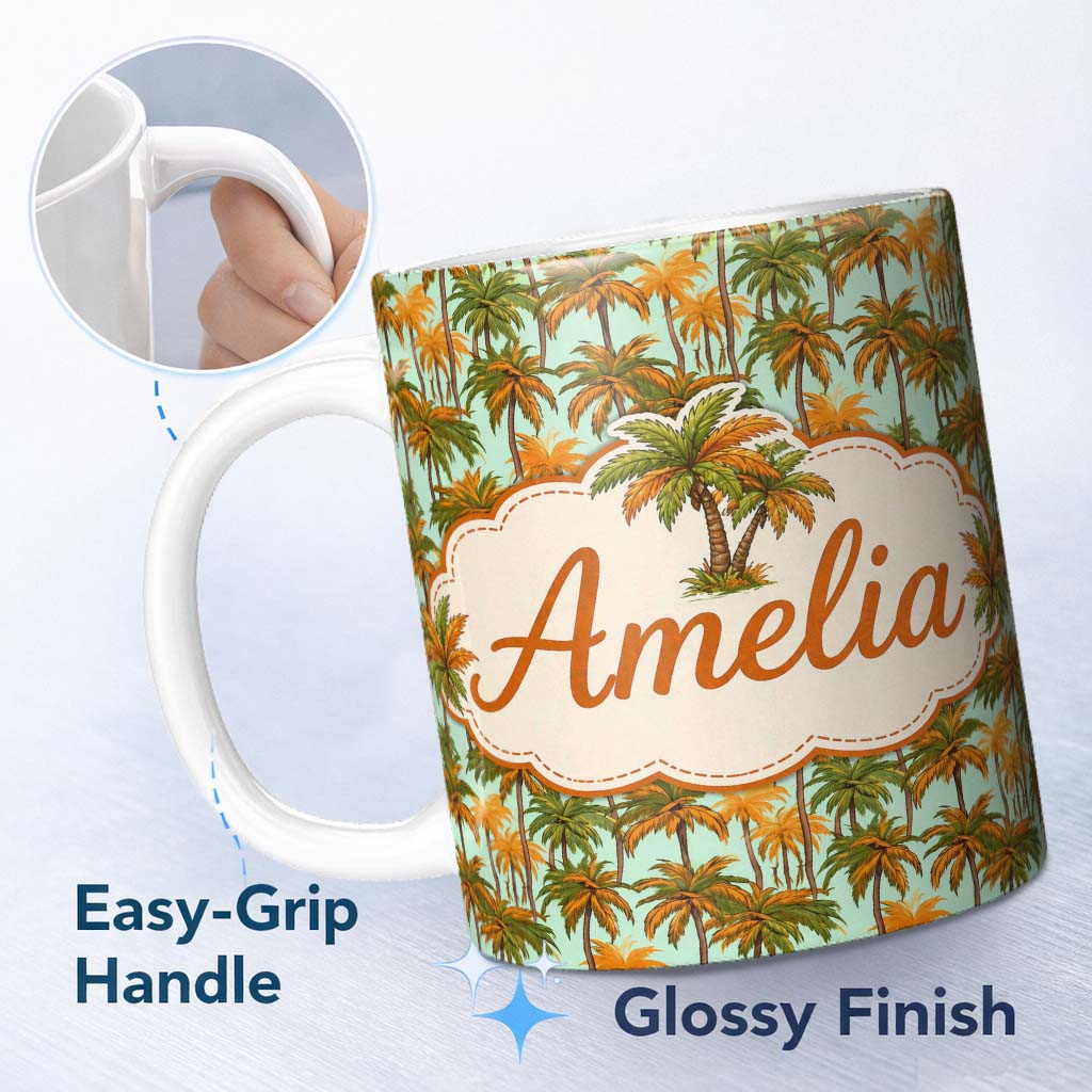 Personalized Custom Name Tropical Palm Tree Summer Beach Seamless Pattern on Mint Background 11oz Ceramic Coffee Tea Mug White Large Handle