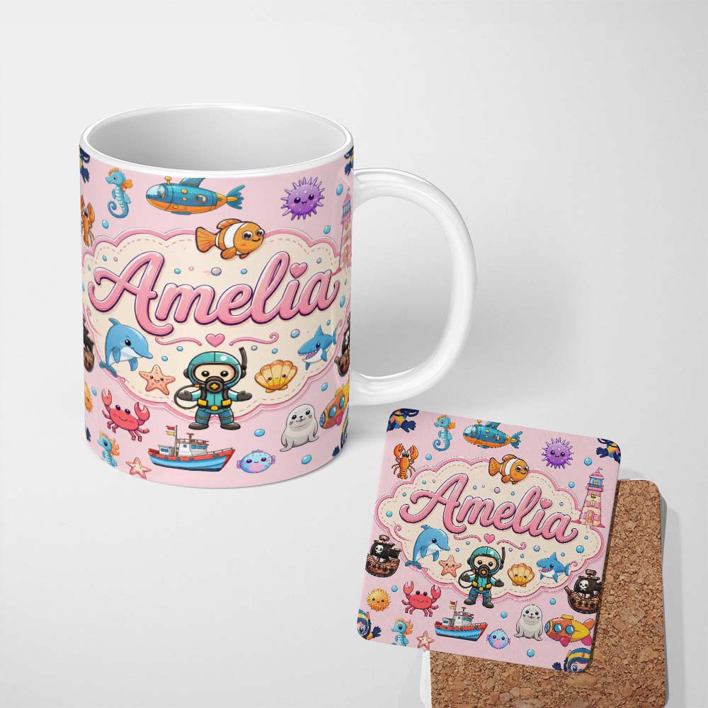 Personalized Custom Name Cartoon Sea Animal Diver Dolphin Shark Boat Lighthouse Soft Pink 11oz Ceramic Coffee Tea Mug White Large Handle