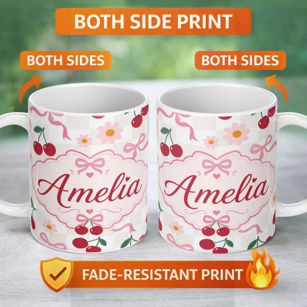 Personalized Custom Name Cute Cherry and Daisy Flowers with Pink Ribbon Bows Neutral Check 11oz Ceramic Coffee Tea Mug White Large Handle