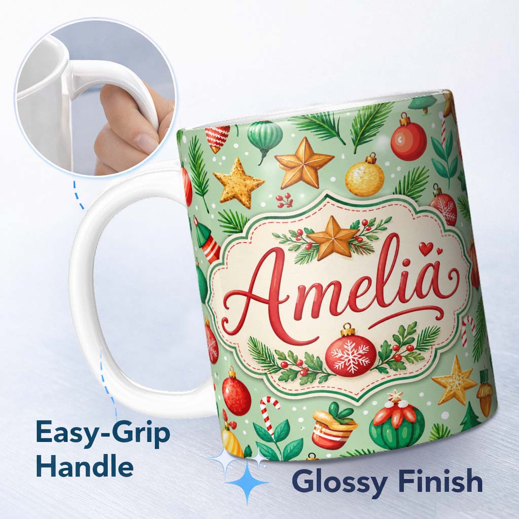 Personalized Custom Name Colorful Christmas Baubles Star Pine Candy Cane Seamless Pattern 11oz Ceramic Coffee Tea Mug White Large Handle