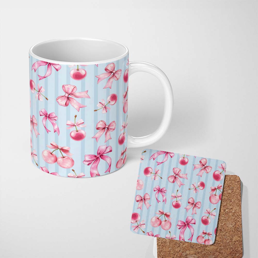 Personalized Custom Name Watercolor Pink Cherry Ribbon Bow Blue Vertical Stripe Background 11oz Ceramic Coffee Tea Mug White Large Handle
