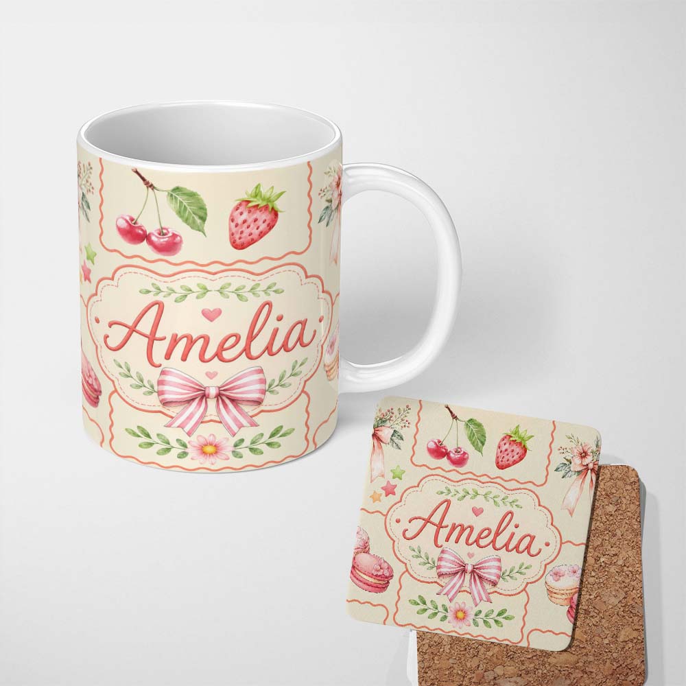 Personalized Custom Name Cute Strawberry Cherry Ribbon Bow Sweet Dessert Pattern Warm Beige 11oz Ceramic Coffee Tea Mug White Large Handle