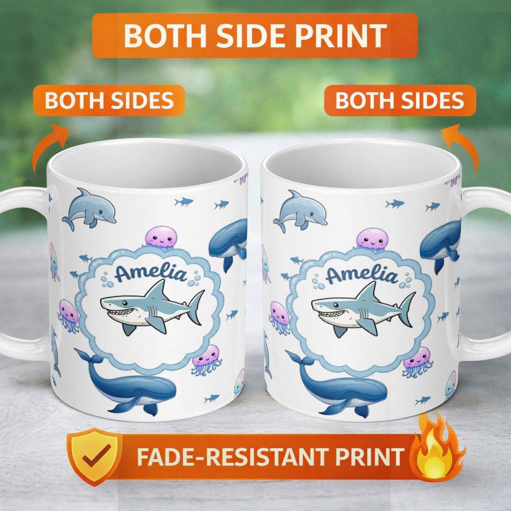 Personalized Custom Name Cute Dolphin Shark and Jellyfish Ocean Animals Light Grey Background 11oz Ceramic Coffee Tea Mug White Large Handle