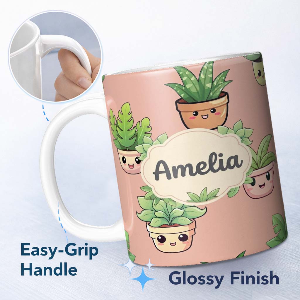 Personalized Custom Name Cute Kawaii Smiling Plant Pots Leaves Seamless Pattern Beige Lovely 11oz Ceramic Coffee Tea Mug White Large Handle