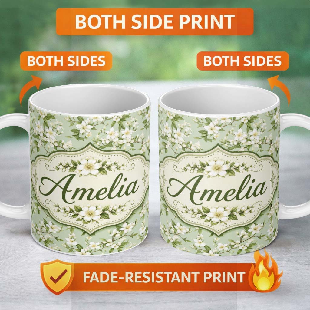 Personalized Custom Name Fresh Green Background White Blossom Branch Pattern Spring Floral 11oz Ceramic Coffee Tea Mug White Large Handle