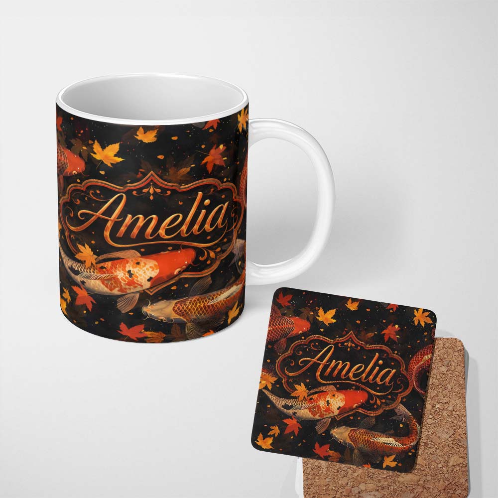 Personalized Custom Name Dark Autumn Pond Koi Fish and Falling Maple Leaves Pattern Rich 11oz Ceramic Coffee Tea Mug White Large Handle