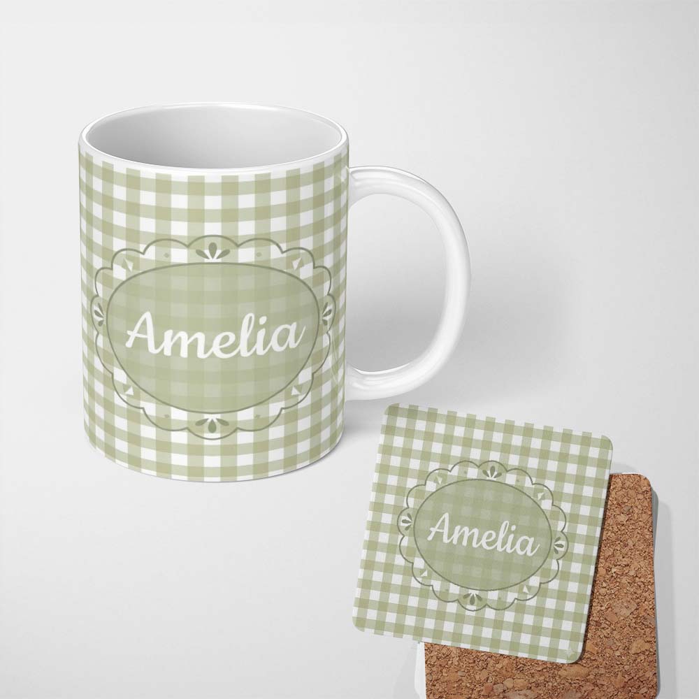 Personalized Custom Name Soft Sage Green Gingham Check Pattern with Subtle Vintage Texture 11oz Ceramic Coffee Tea Mug White Large Handle