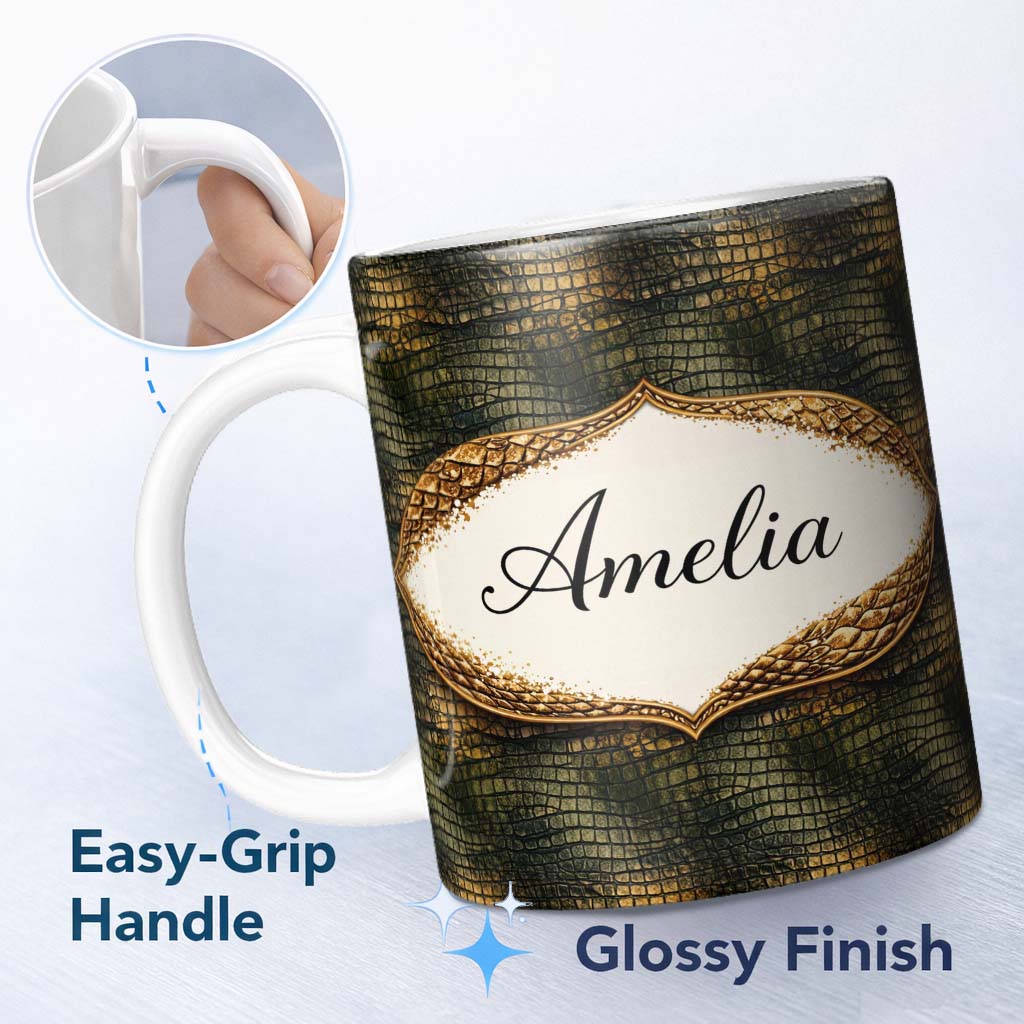 Personalized Custom Name Aqua Green Crocodile Texture Pattern Watercolour Effect Design 11oz Ceramic Coffee Tea Mug White Large Handle