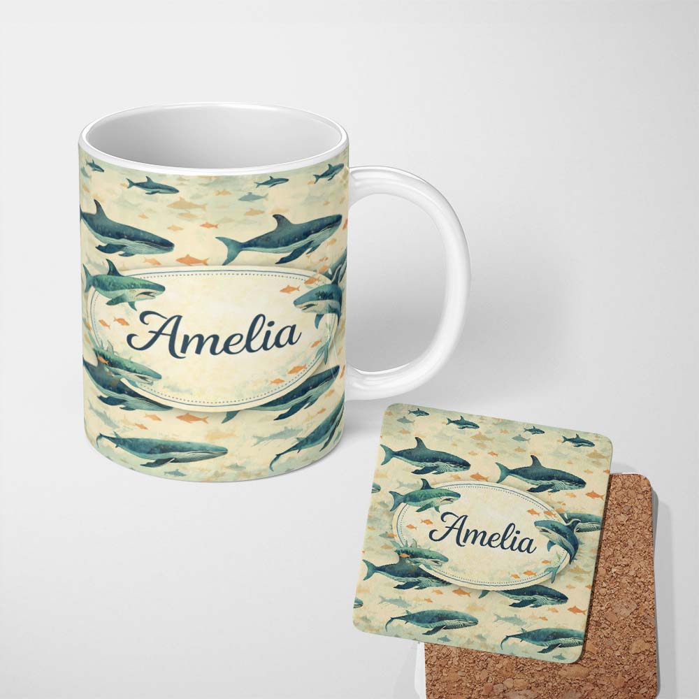 Personalized Custom Name Beige Ocean Whale Seamless Pattern Soft Marine Animal Illustration 11oz Ceramic Coffee Tea Mug White Large Handle