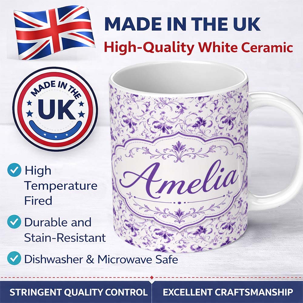 Personalized Custom Name Delicate Purple Floral Vine Ditsy Seamless Pattern Cute Unique Gift 11oz Ceramic Coffee Tea Mug White Large Handle