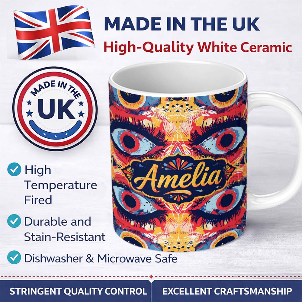 Personalized Custom Name Bold Symmetrical Eye Motif Seamless Pattern Abstract Decorative 11oz Ceramic Coffee Tea Mug White Large Handle