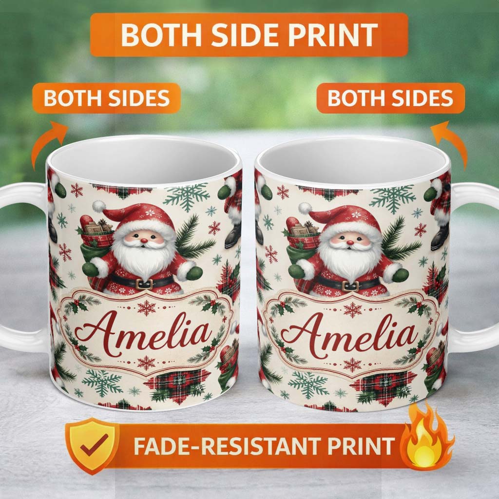 Personalized Custom Name Cute Santa Character Gifts Snowflakes Seamless Pattern Lovely 11oz Ceramic Coffee Tea Mug White Large Handle