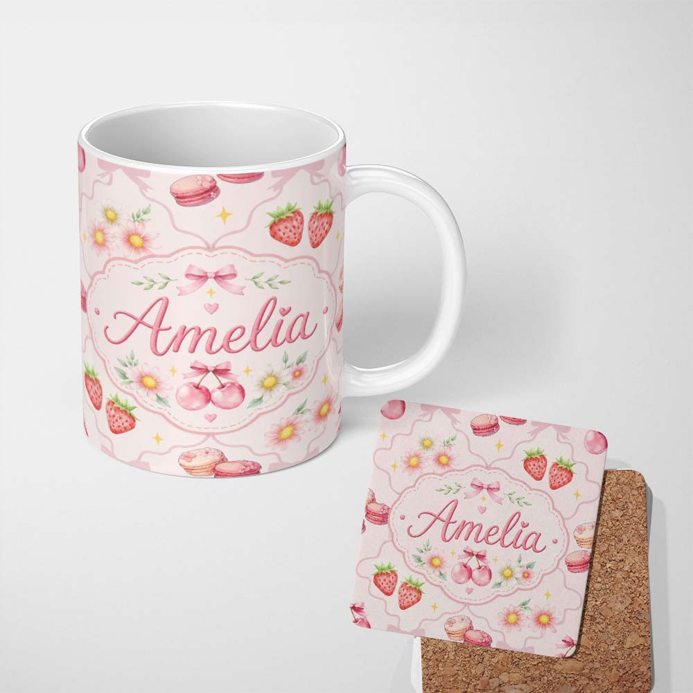Personalized Custom Name Strawberry Cherry Daisy Floral Bow Sweet Dessert Soft Blush Pink 11oz Ceramic Coffee Tea Mug White Large Handle