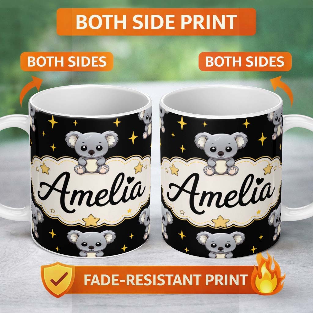 Personalized Custom Name Cute Koala Bears with Stars Black Background Seamless Pattern Lovely 11oz Ceramic Coffee Tea Mug White Large Handle