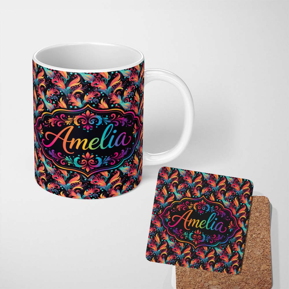 Personalized Custom Name Colorful Abstract Feather Swirl Seamless Pattern on Dark Background 11oz Ceramic Coffee Tea Mug White Large Handle