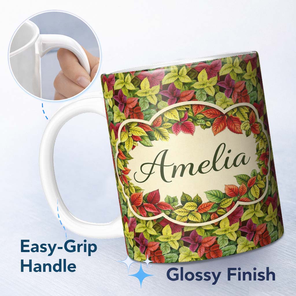Personalized Custom Name Purple Green Botanical Leaves Watercolor Seamless Pattern Lovely 11oz Ceramic Coffee Tea Mug White Large Handle