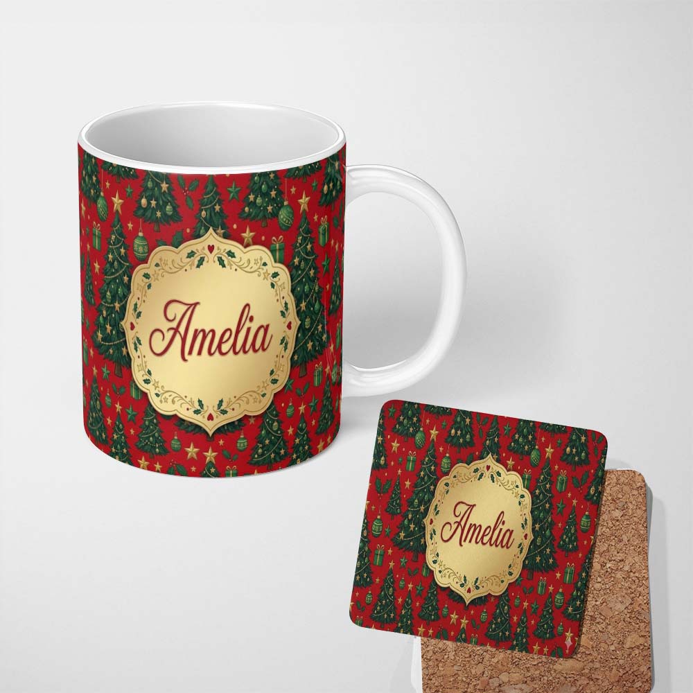Personalized Custom Name Festive Christmas Trees with Gifts Stars and Ornaments on Red Lovely 11oz Ceramic Coffee Tea Mug White Large Handle