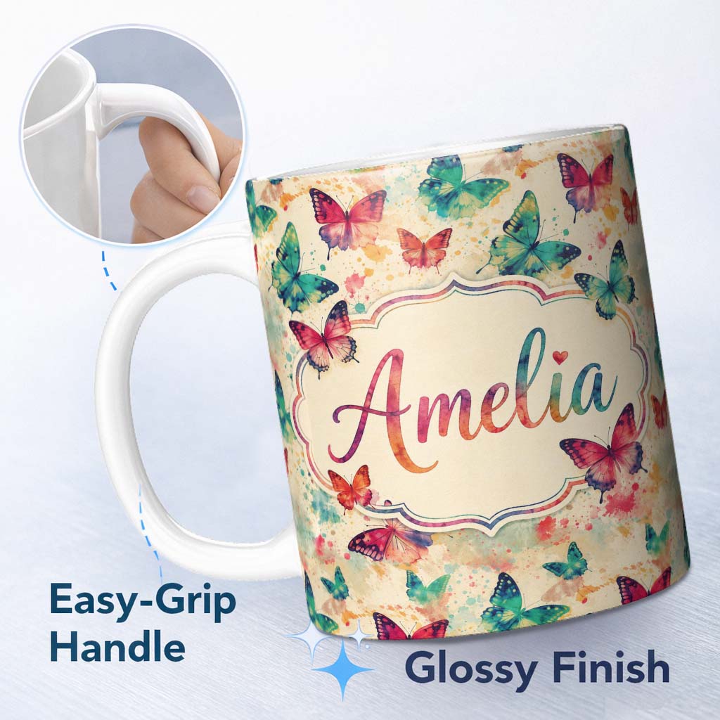 Personalized Custom Name Artistic Multicolor Butterflies with Paint Splash Background Lovely 11oz Ceramic Coffee Tea Mug White Large Handle