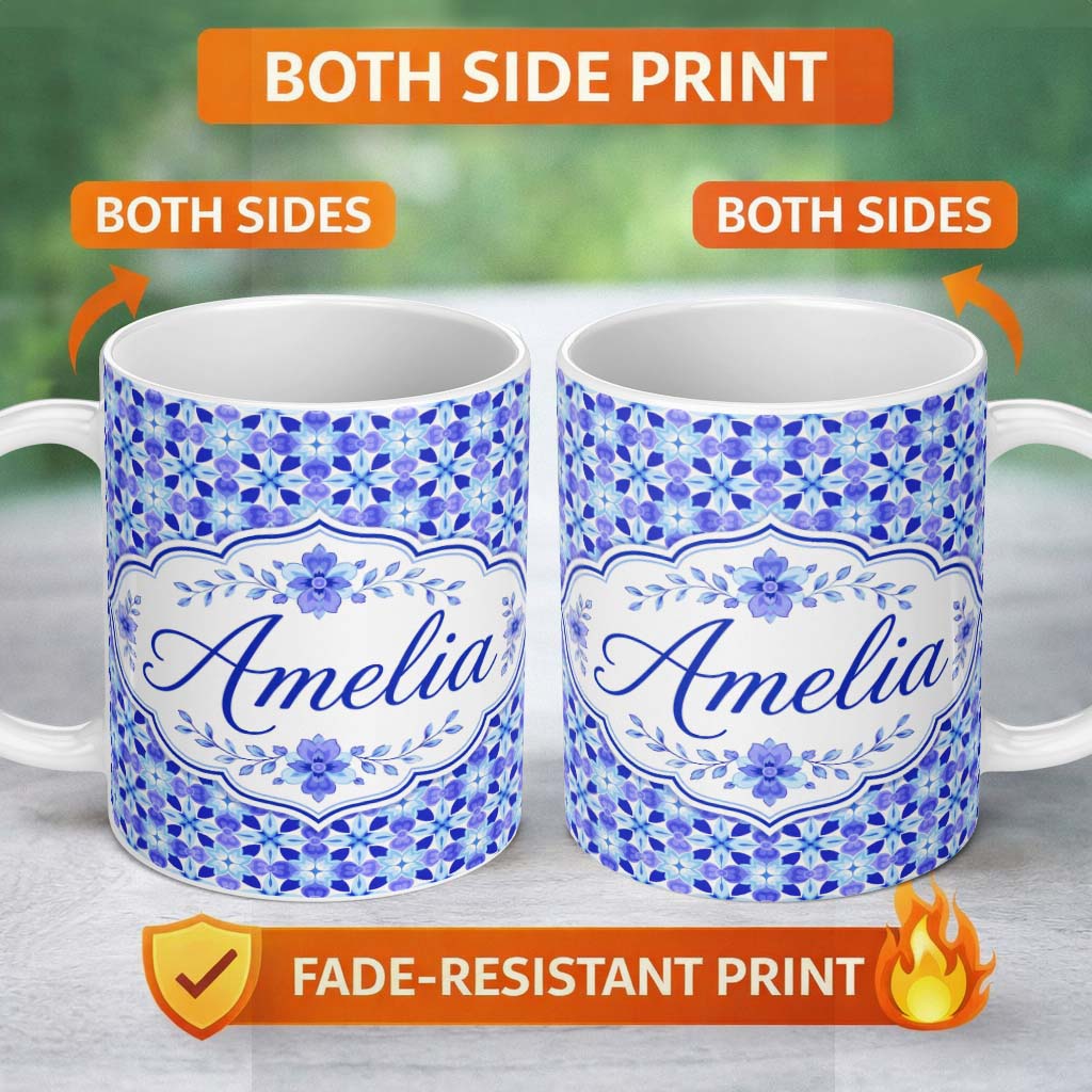 Personalized Custom Name Blue Kaleidoscope Floral Tile Seamless Pattern Symmetrical Geometric 11oz Ceramic Coffee Tea Mug White Large Handle