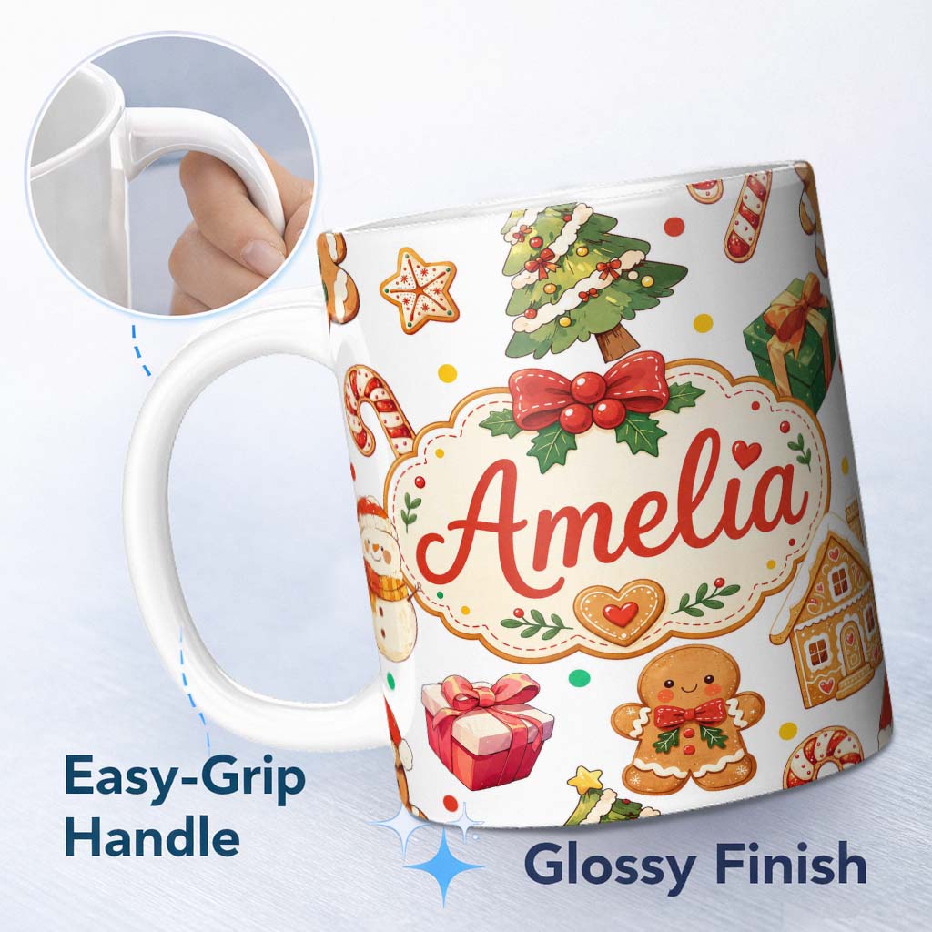 Personalized Custom Name Cute Gingerbread Man Christmas Tree Candy Cane Holiday Pattern Grey 11oz Ceramic Coffee Tea Mug White Large Handle