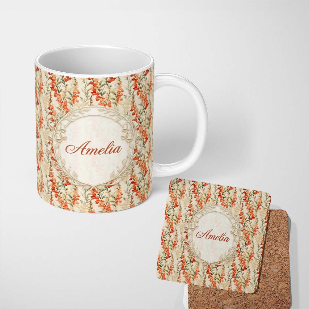 Personalized Custom Name Warm Orange Floral Stripe Pattern on Light Neutral Background Lovely 11oz Ceramic Coffee Tea Mug White Large Handle