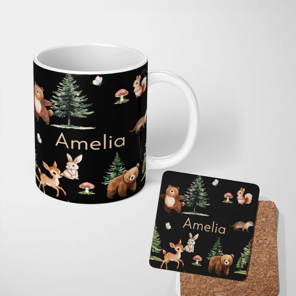 Personalized Custom Name Woodland Animals Bear Deer Bunny Trees Mushrooms Butterfly Seamless 11oz Ceramic Coffee Tea Mug White Large Handle