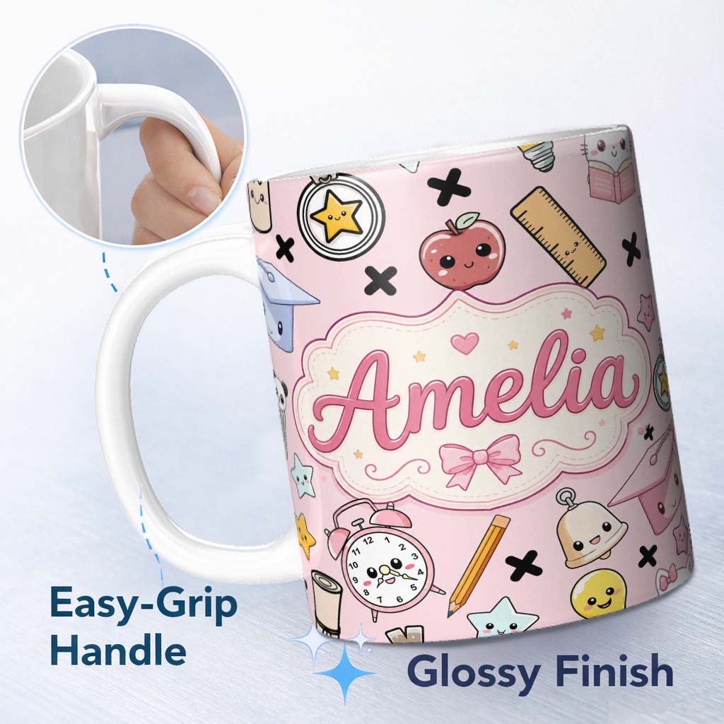 Personalized Custom Name Cute Kawaii School Supplies And Study Seamless Pattern Pink Lovely 11oz Ceramic Coffee Tea Mug White Large Handle