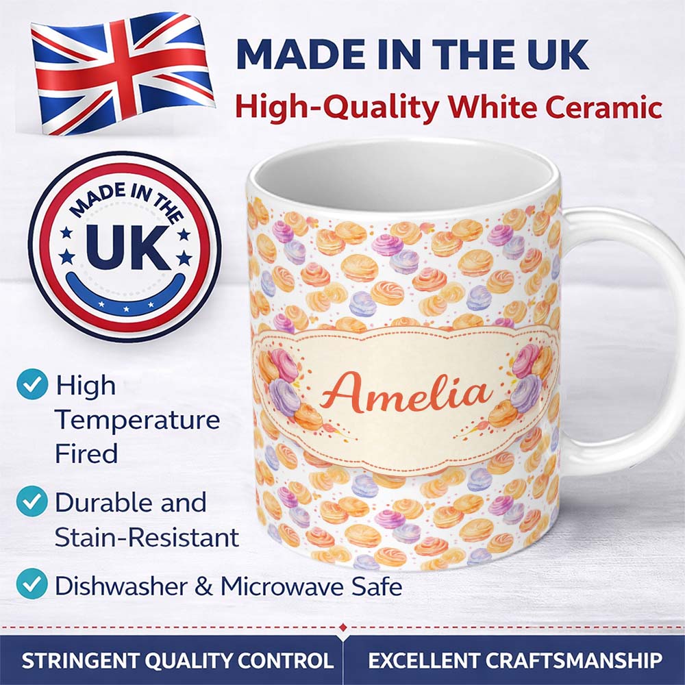 Personalized Custom Name Pastel Cream Swirl Meringue Dessert Seamless Pattern Lovely 11oz Ceramic Coffee Tea Mug White Large Handle