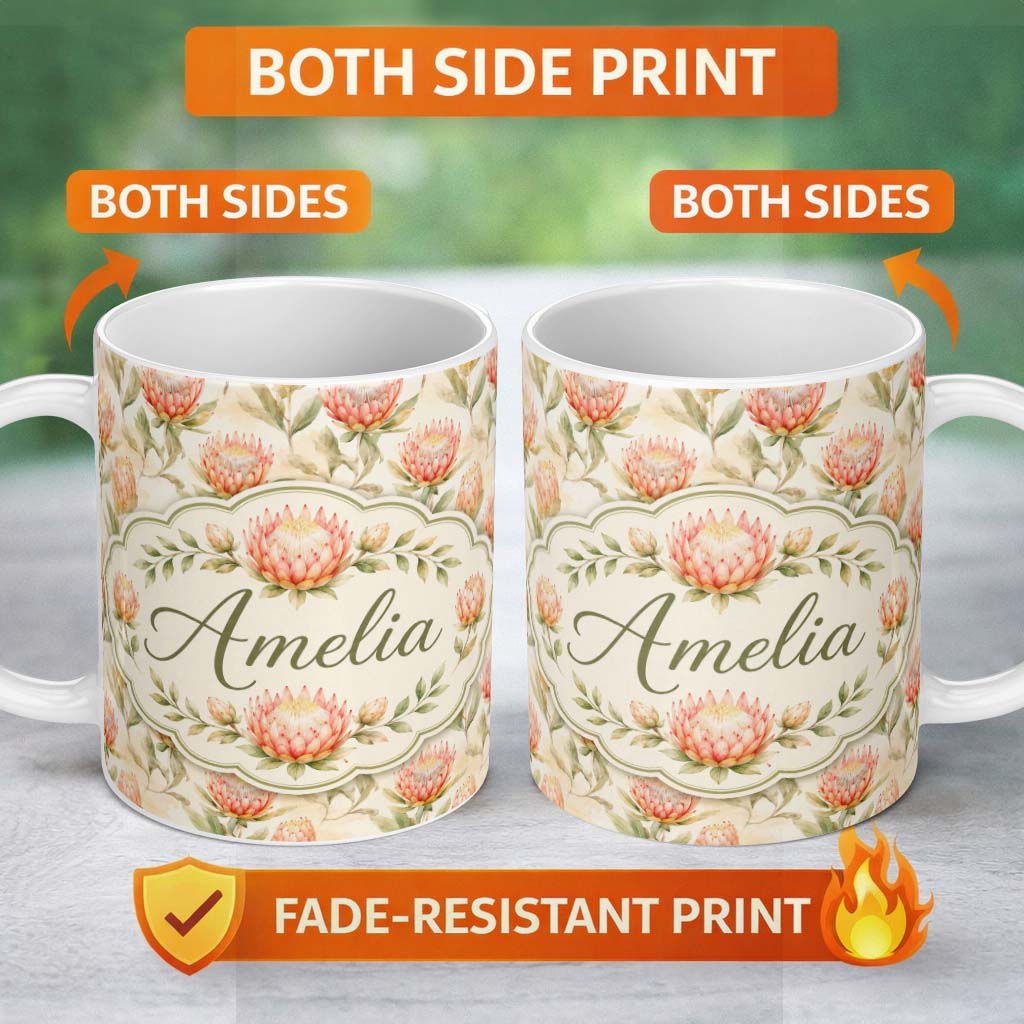 Personalized Custom Name Light Peach Protea Botanical Illustration Seamless Pattern Lovely 11oz Ceramic Coffee Tea Mug White Large Handle
