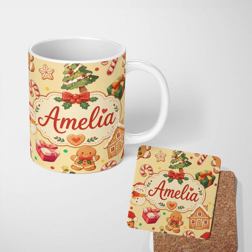Personalized Custom Name Cute Gingerbread Man Christmas Tree Candy Cane Holiday Yellow Lovely 11oz Ceramic Coffee Tea Mug White Large Handle
