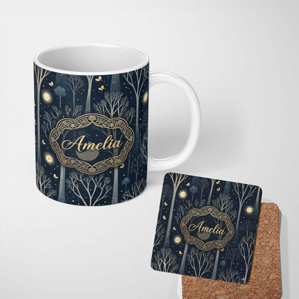 Personalized Custom Name Mystical Forest Trees Moon Starry Night Seamless Pattern Lovely 11oz Ceramic Coffee Tea Mug White Large Handle