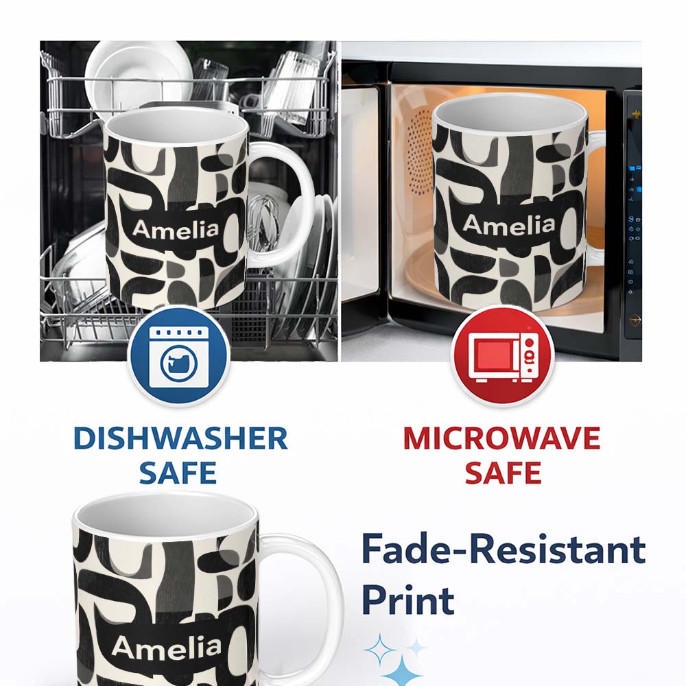 Personalized Custom Name Bold Curved Shapes Black Grey Modern Abstract Pattern Lovely 11oz Ceramic Coffee Tea Mug White Large Handle