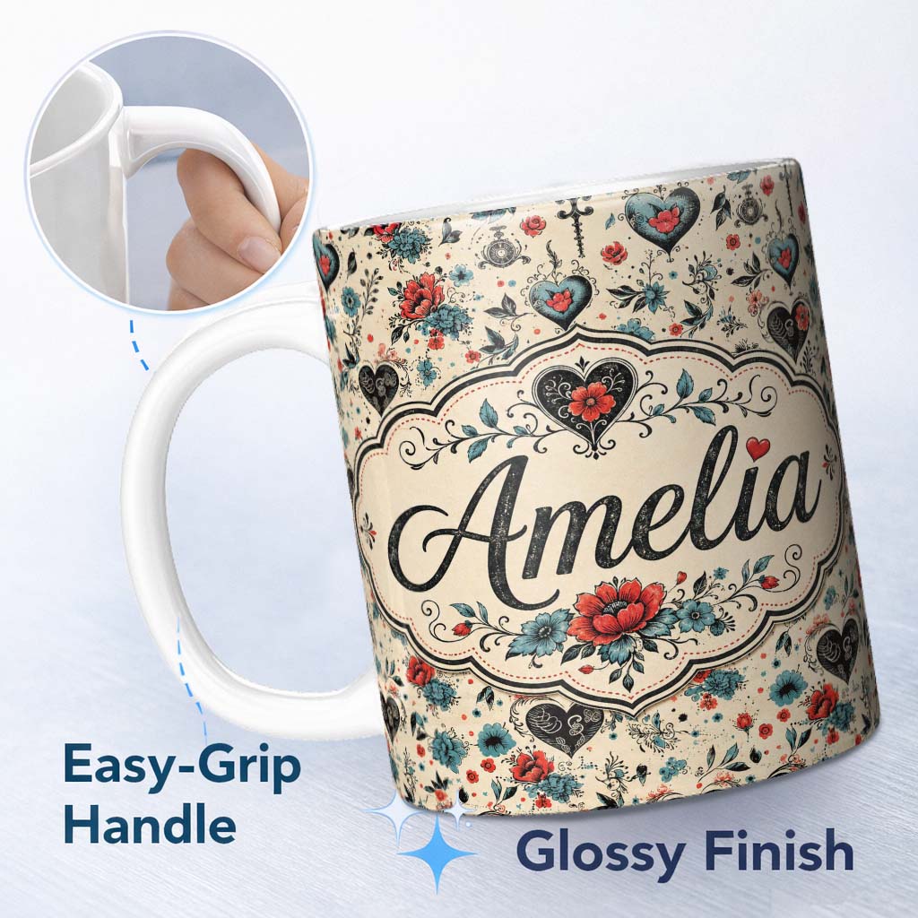 Personalized Custom Name Vintage Floral Heart and Botanical Illustration Seamless Pattern 11oz Ceramic Coffee Tea Mug White Large Handle