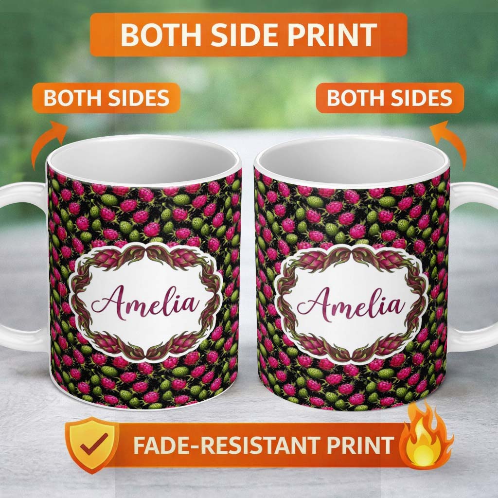 Personalized Custom Name Dragon Fruit and Cactus Fruit Pattern on Black Background Lovely 11oz Ceramic Coffee Tea Mug White Large Handle