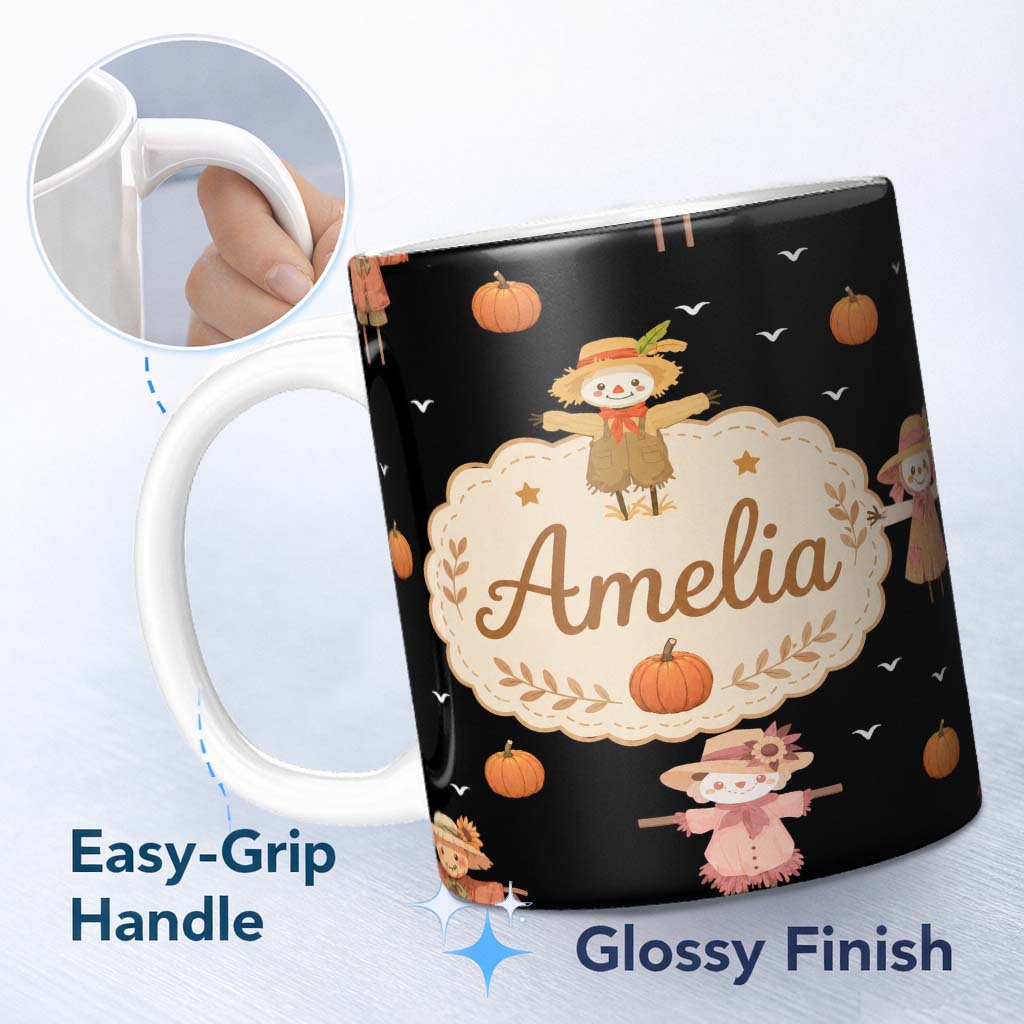 Personalized Custom Name Cute Autumn Scarecrow Pumpkin Birds Seamless Pattern Black Lovely 11oz Ceramic Coffee Tea Mug White Large Handle