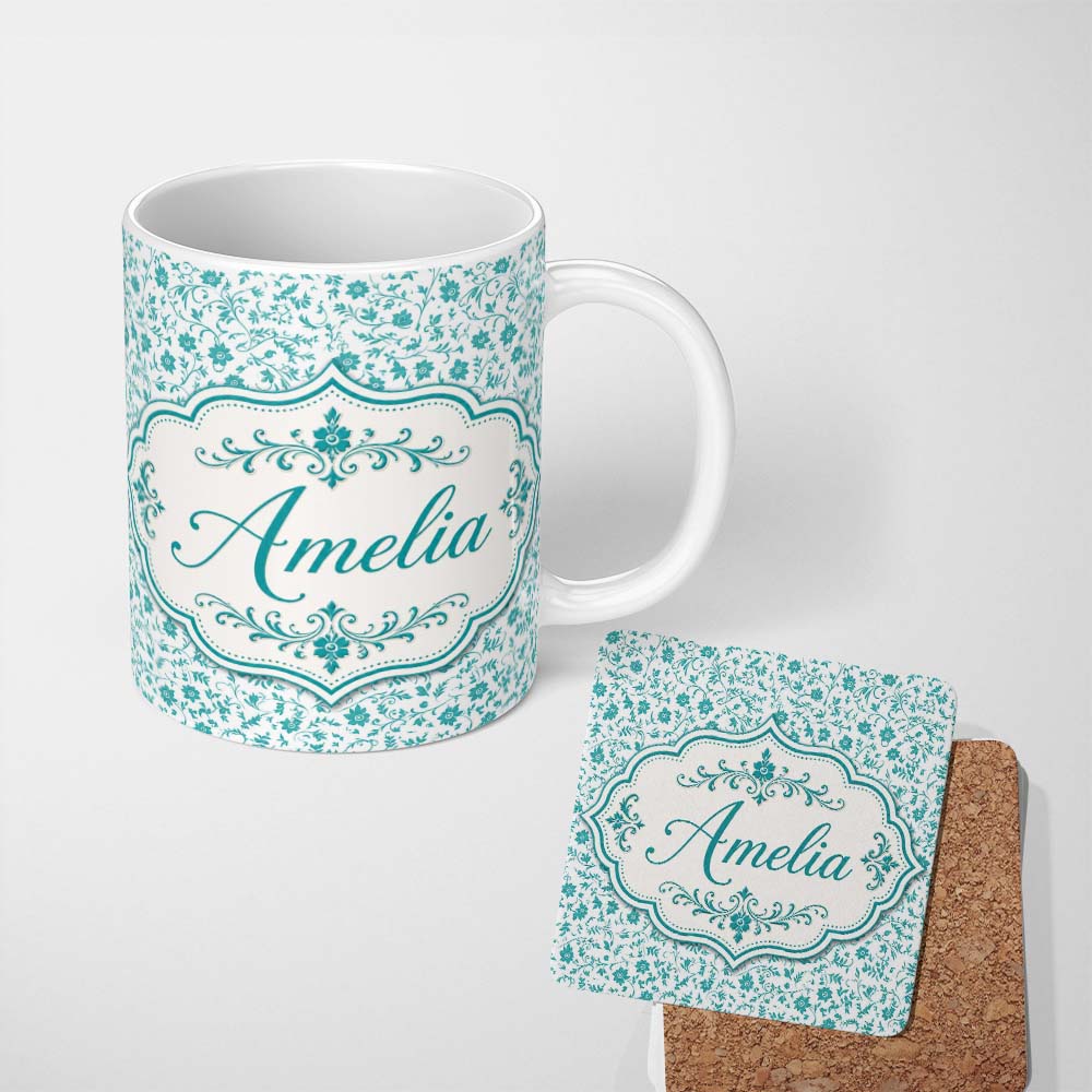 Personalized Custom Name Teal Floral Vine Pattern with Delicate Botanical Leaves Seamless 11oz Ceramic Coffee Tea Mug White Large Handle