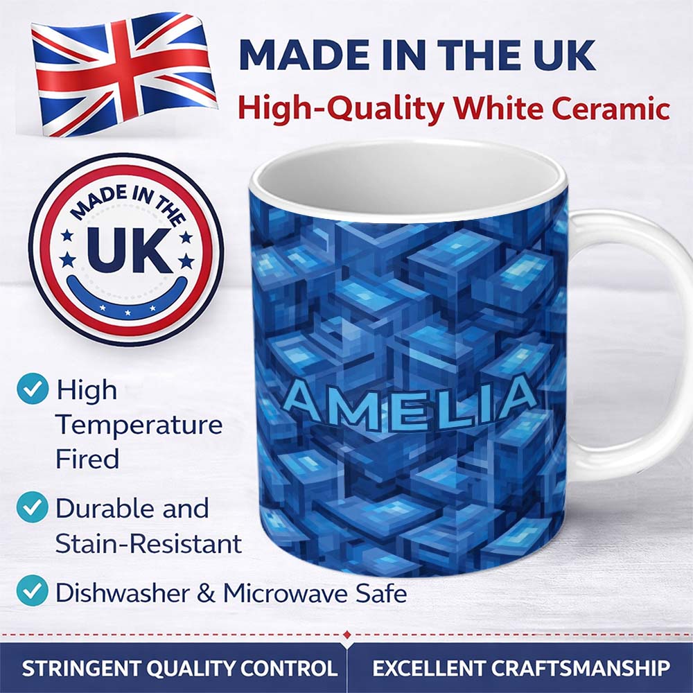 Personalized Custom Name Blue 3D Cube Block Geometric Abstract Seamless Pattern Lovely 11oz Ceramic Coffee Tea Mug White Large Handle