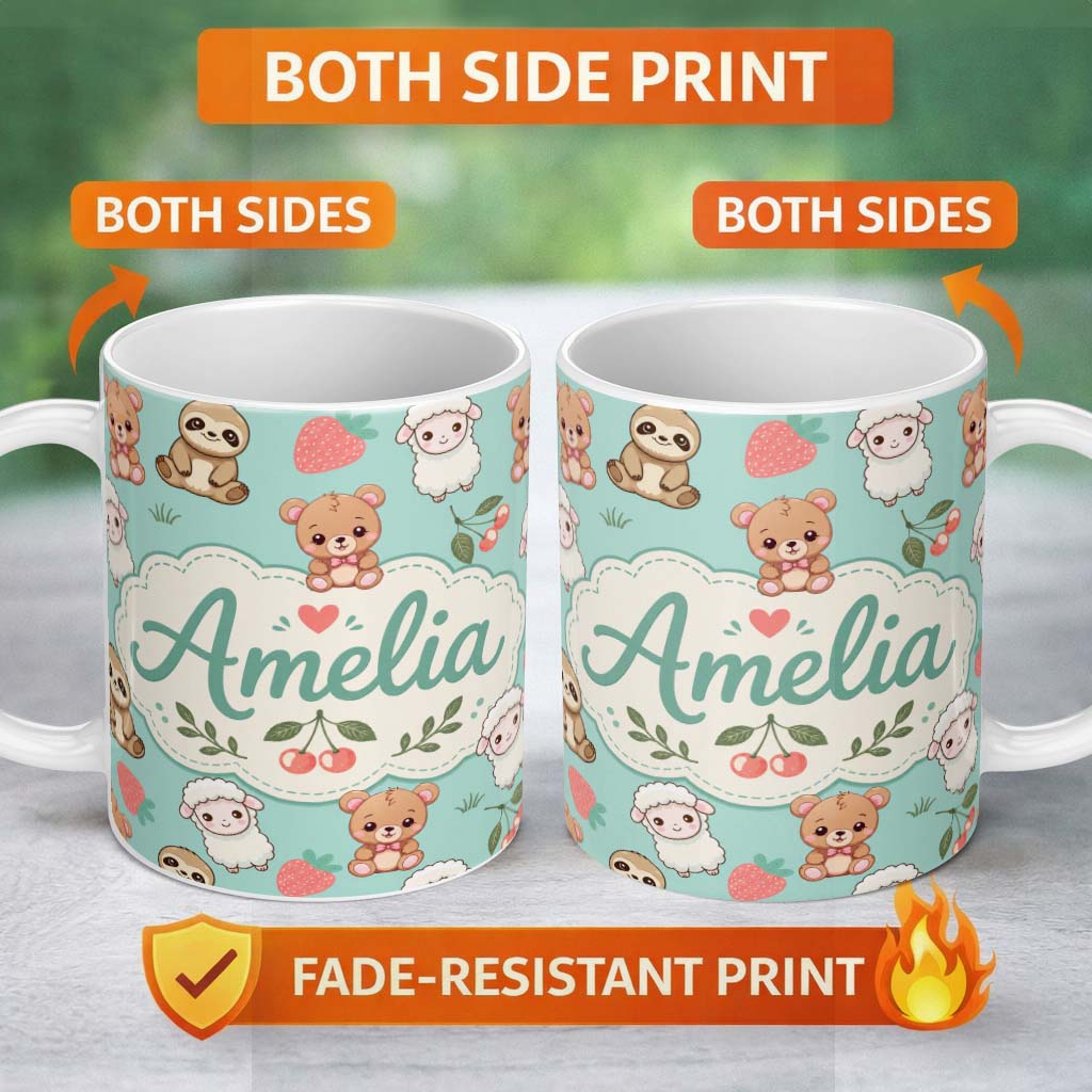 Personalized Custom Name Cute Cute Baby Animals Bear Sheep Sloth Strawberry Cherry Mint 11oz Ceramic Coffee Tea Mug White Large Handle