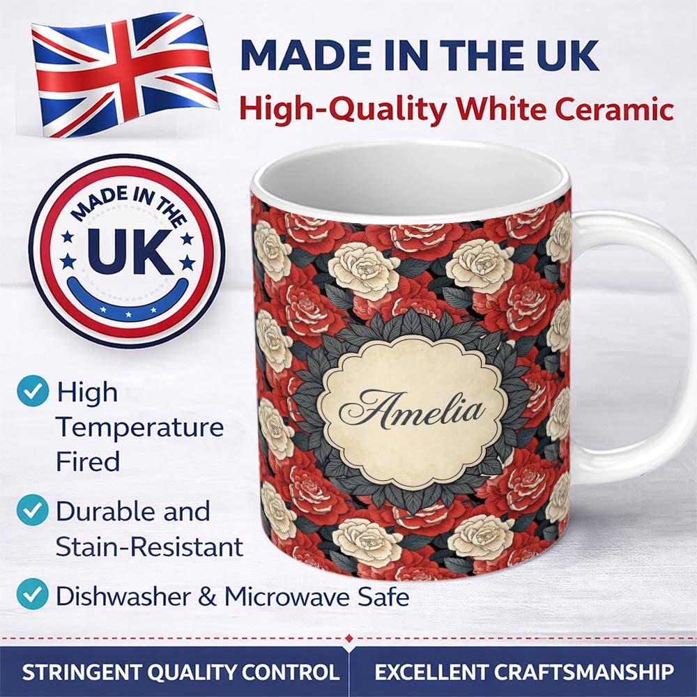 Personalized Custom Name Classic Red and Ivory Rose Dense Floral Seamless Pattern Lovely 11oz Ceramic Coffee Tea Mug White Large Handle