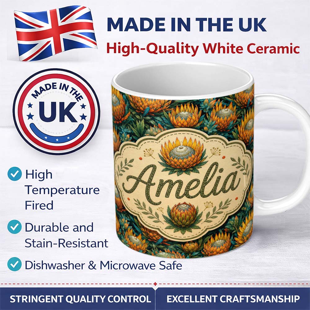 Personalized Custom Name Vibrant Orange and Teal Protea Floral Seamless Pattern Lovely 11oz Ceramic Coffee Tea Mug White Large Handle