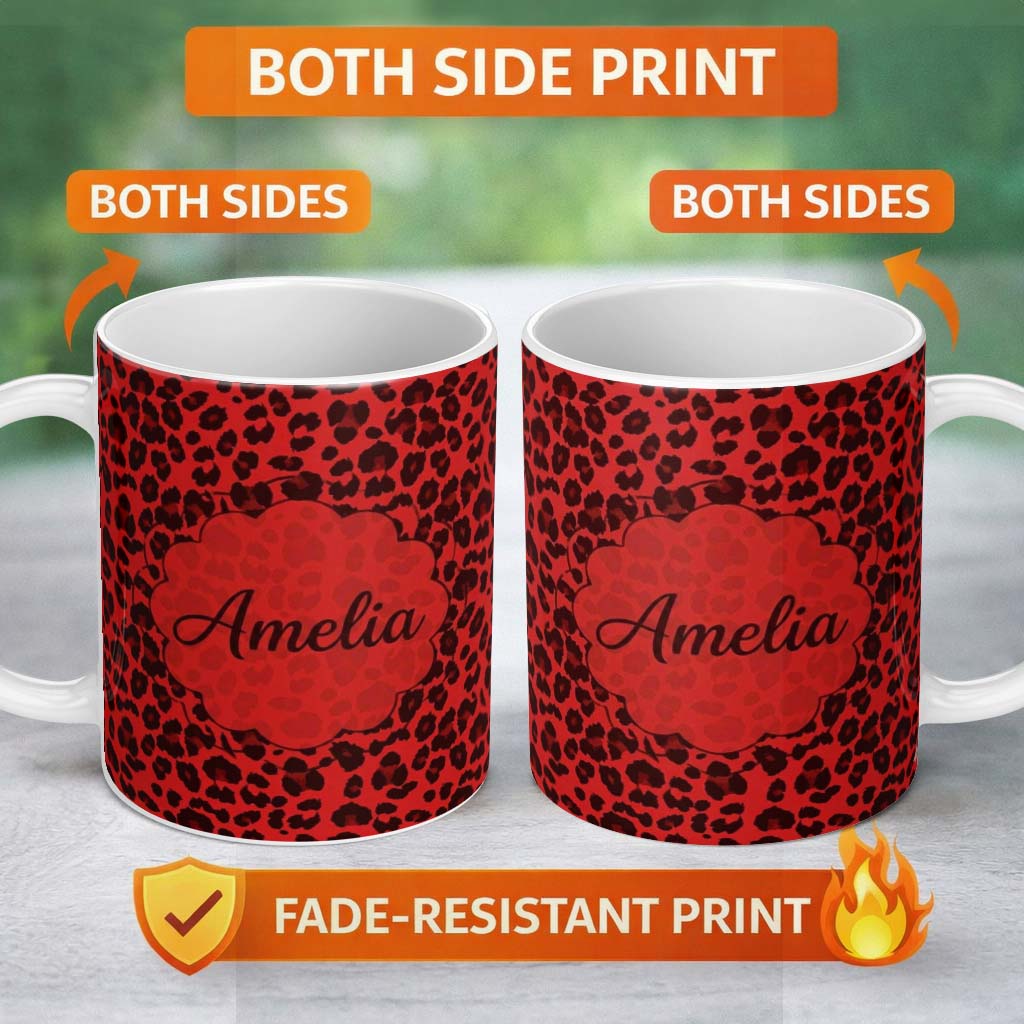 Personalized Custom Name Red Leopard Animal Print Seamless Pattern Thoughtful Gift Idea 11oz Ceramic Coffee Tea Mug White Large Handle