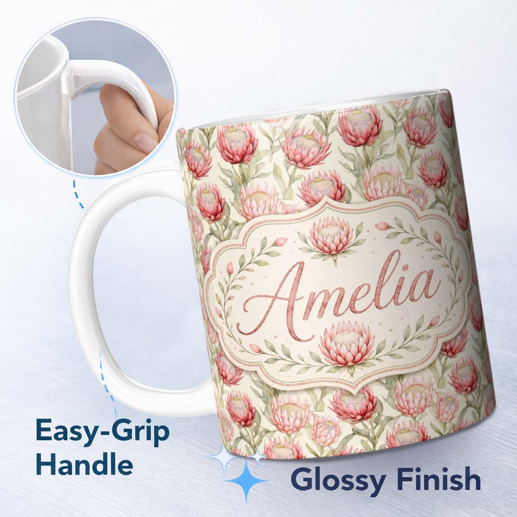 Personalized Custom Name Classic Pink Protea Blooms and Foliage Seamless Pattern Lovely 11oz Ceramic Coffee Tea Mug White Large Handle