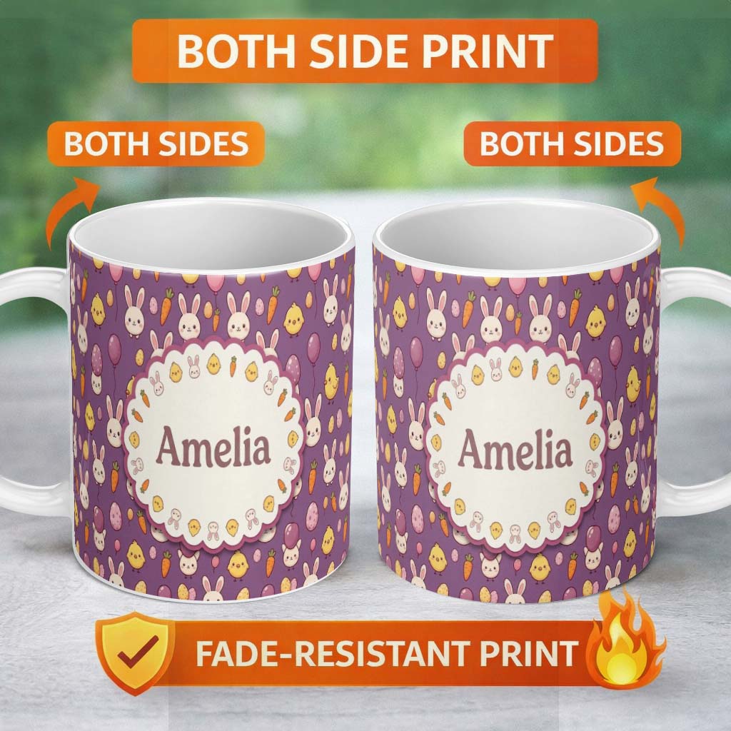 Personalized Custom Name Cute Easter Bunny Chick Carrots Eggs Polka Dot Pattern Purple Lovely 11oz Ceramic Coffee Tea Mug White Large Handle