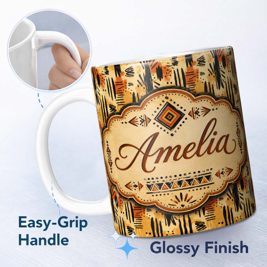 Personalized Custom Name Modern Abstract Brush Stroke Pattern in Black Orange and Neutral 11oz Ceramic Coffee Tea Mug White Large Handle