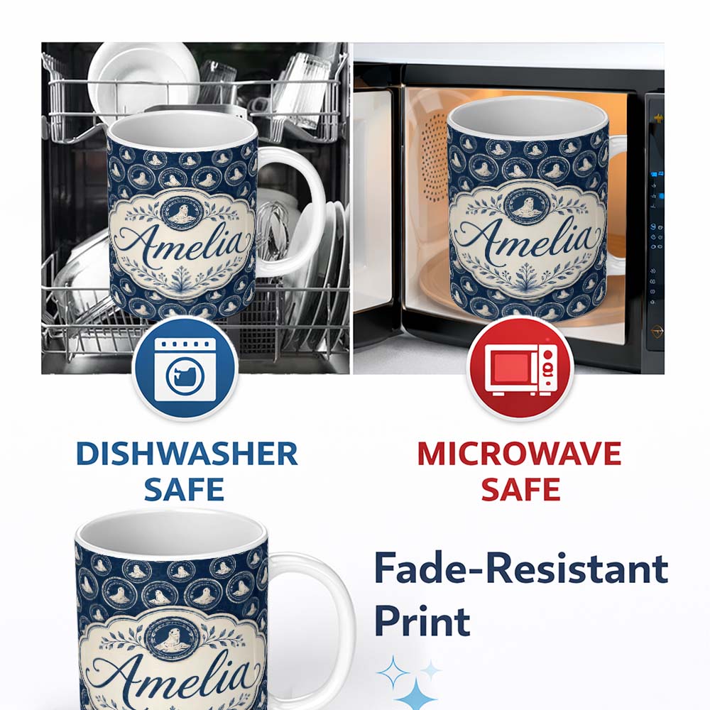 Personalized Custom Name Vintage Style Seal Cameo Medallion Navy Classic Seamless Pattern 11oz Ceramic Coffee Tea Mug White Large Handle