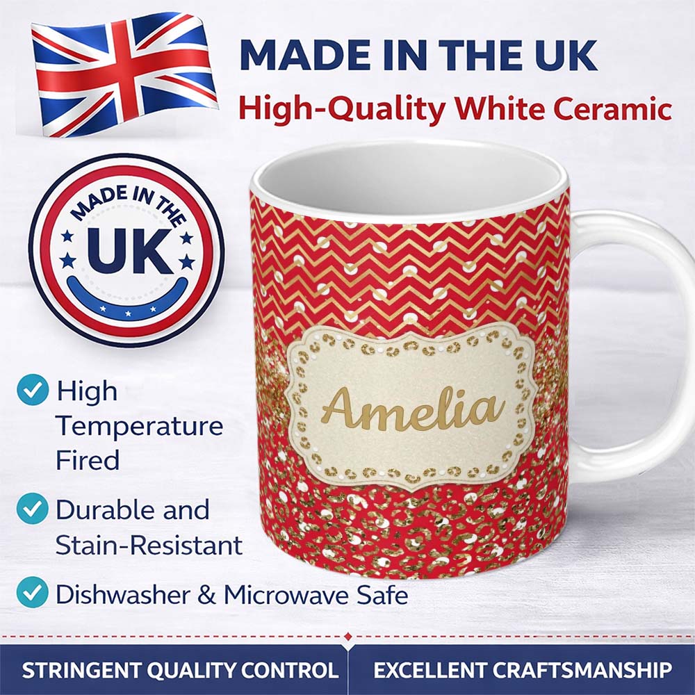 Personalized Custom Name Red Gold Chevron Leopard Glitter Christmas Seamless Pattern Lovely 11oz Ceramic Coffee Tea Mug White Large Handle