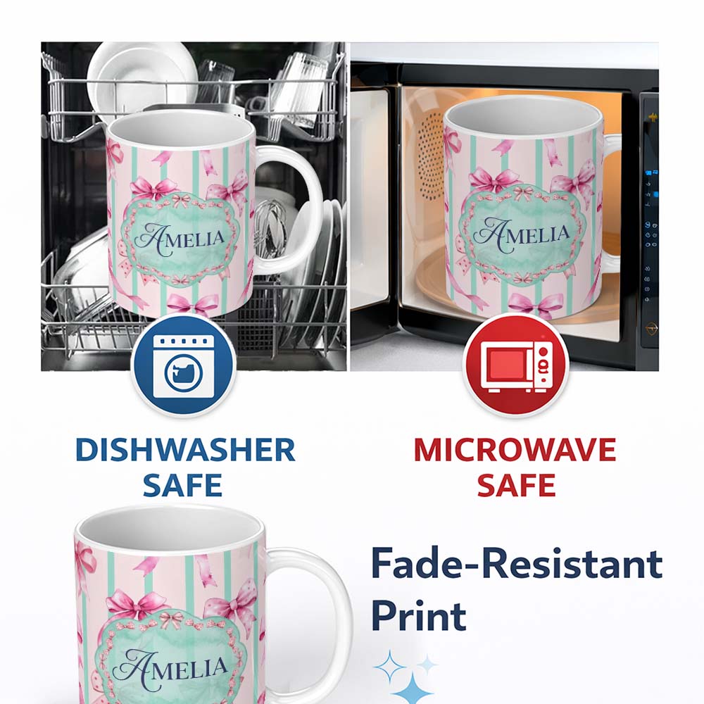 Personalized Custom Name Watercolor Pink Ribbon Bow Seamless Pattern with Mint Green Stripes 11oz Ceramic Coffee Tea Mug White Large Handle
