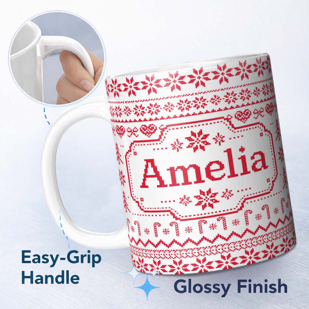 Personalized Custom Name Scandinavian Red Nordic Knit Snowflake Seamless Pattern 11oz Ceramic Coffee Tea Mug White Large Handle