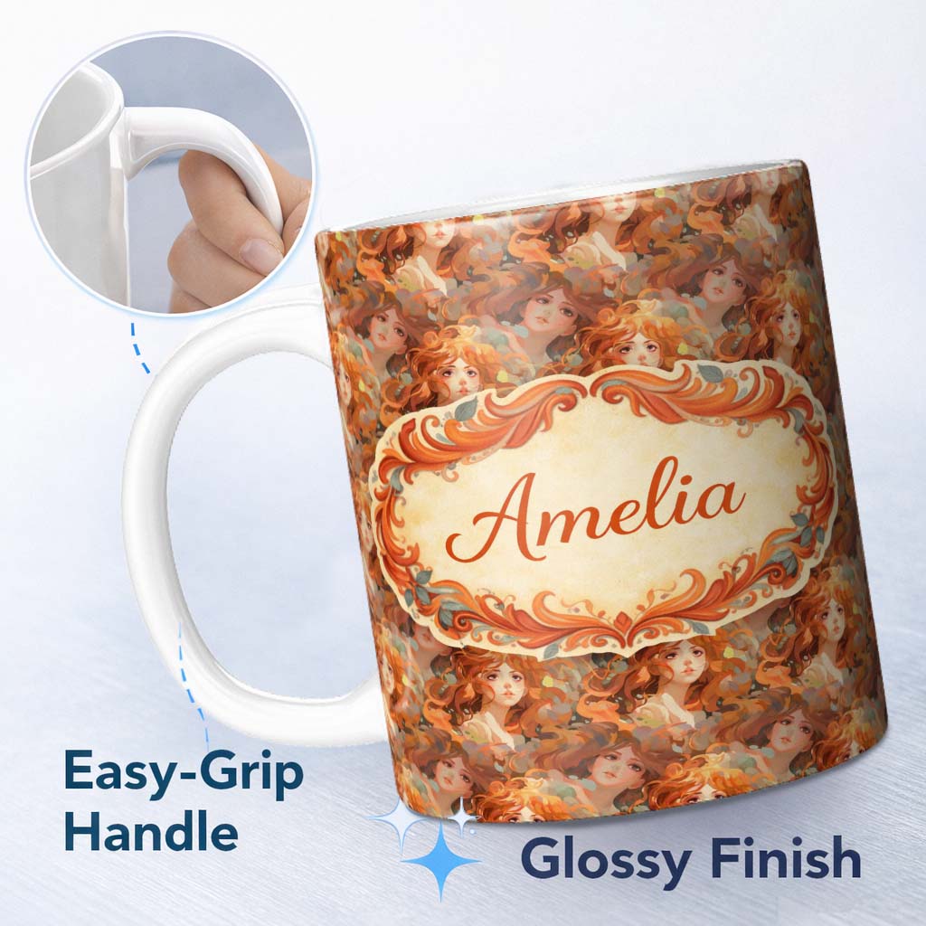 Personalized Custom Name Abstract Woman Portrait Flowing Hair Artistic Pattern Lovely 11oz Ceramic Coffee Tea Mug White Large Handle