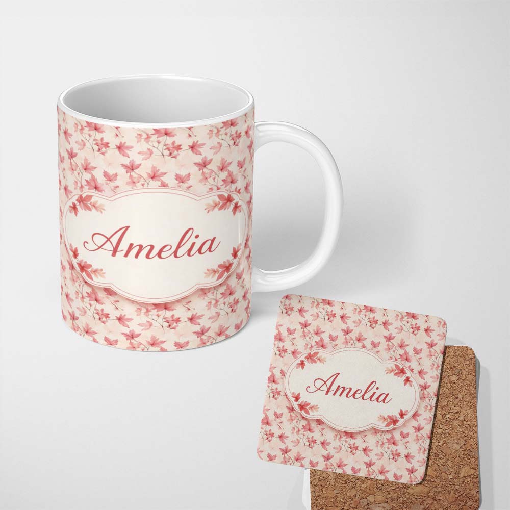 Personalized Custom Name Blush Pink Maple Leaf Branches on Soft Cream Background Lovely 11oz Ceramic Coffee Tea Mug White Large Handle